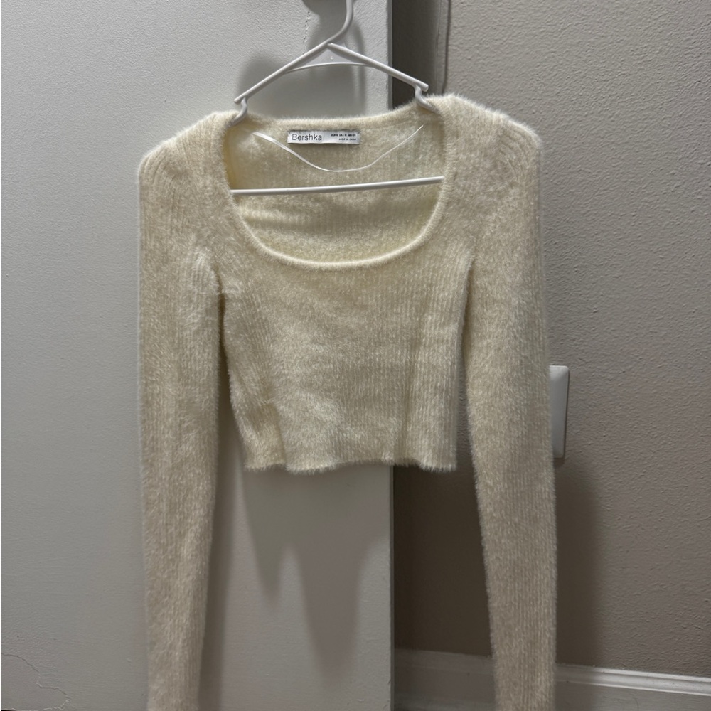 Cream Fuzzy Long Sleeve Crop Top
